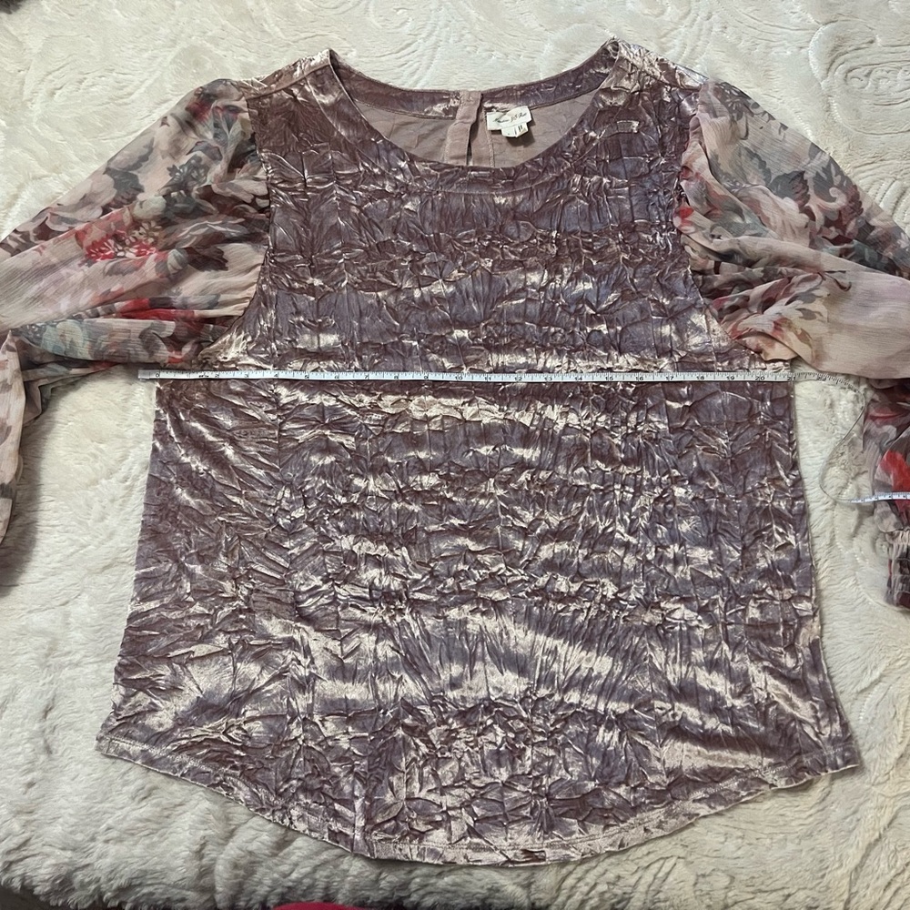 Anthropologie Mauve Crinkled Blouse with Floral Sleeves